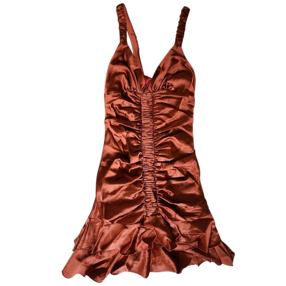 Jessica McClintock Orange Rust Ruched Ruffled Party Dress Sz 8